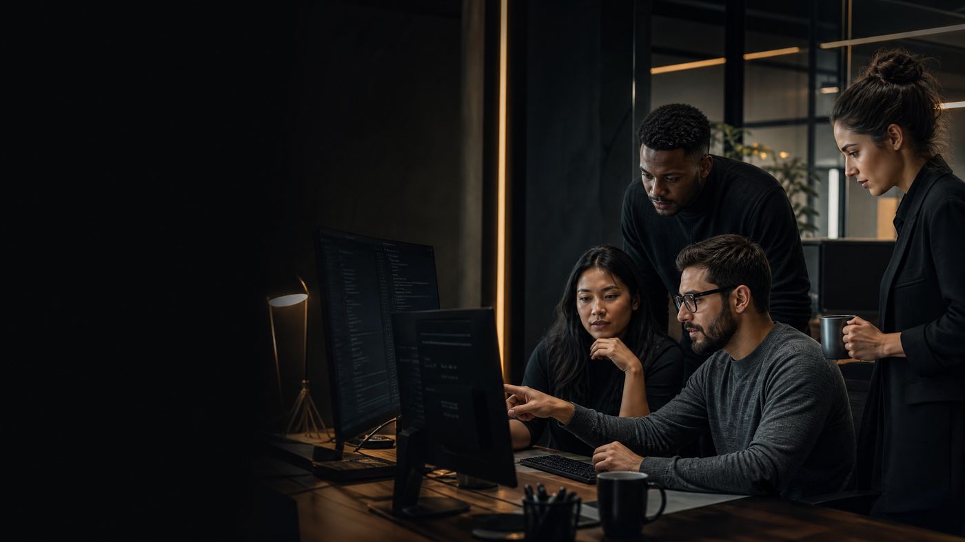Equipe da M4CSI analisando um sistema em desenvolvimento
